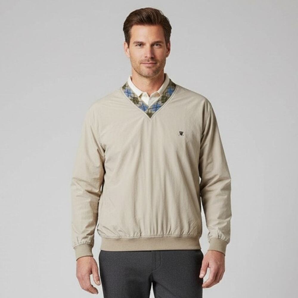 Vintage Mens Catalina Pullover Windbreaker Khaki with Plaid Details Size Medium